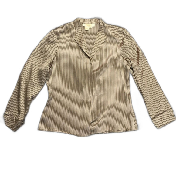 Peck & Peck Tan Navy Striped Silk Charmeuse V-neck Button Front Blouse Size 10 - Picture 2 of 12